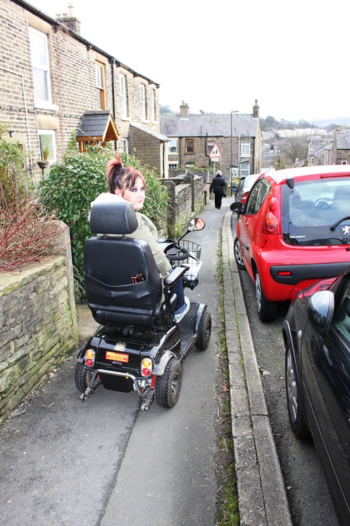 Kath on scooter:  no space for her and a pedestrian to pass